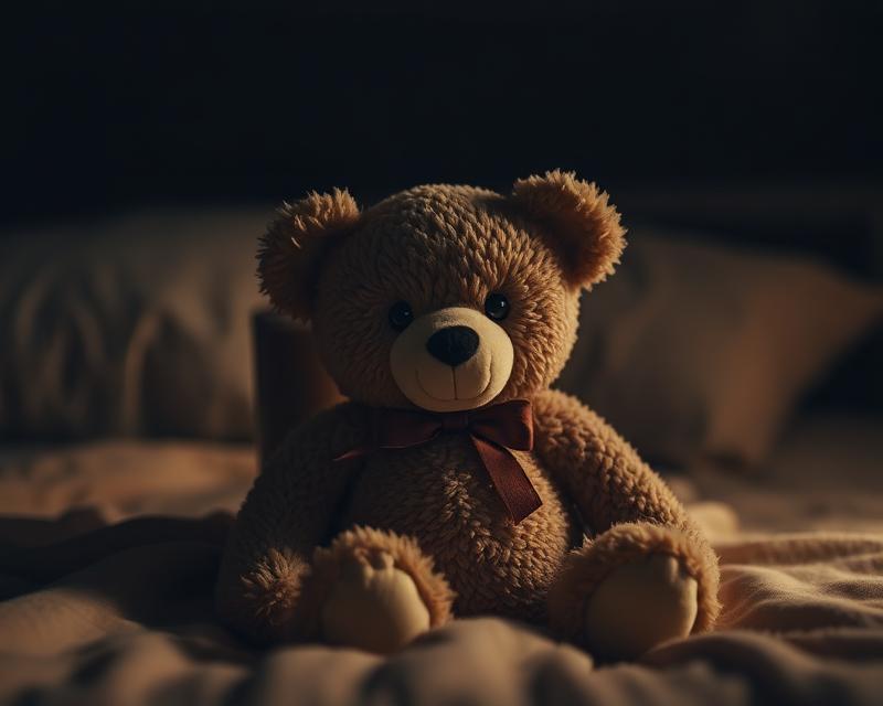 Urso de pelúcia sobre cama iluminado suavemente