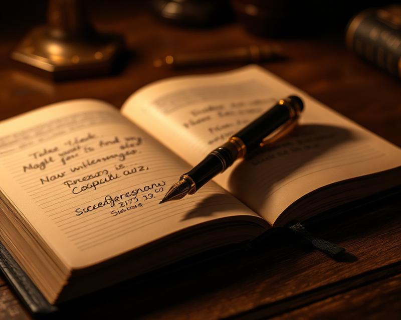 Caneta tinteiro sobre caderno aberto em mesa de madeira